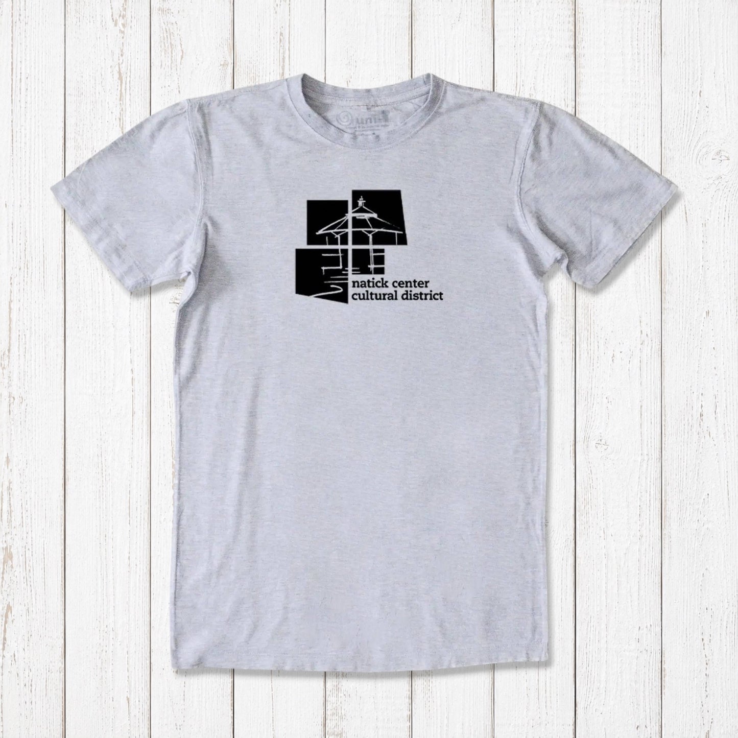 Heather gray men's Natick Pride T-shirt in bamboo and organic cotton with black cultural district logo, eco-friendly Massachusetts town gift.