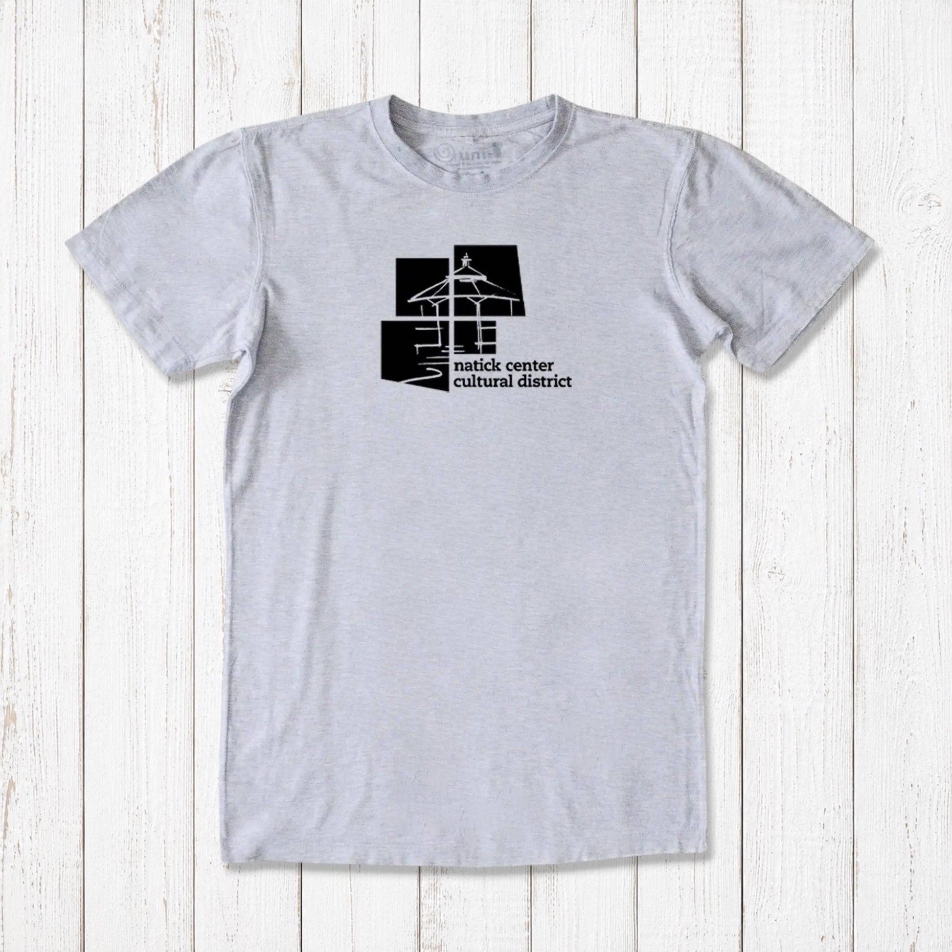 Heather gray men's Natick Pride T-shirt in bamboo and organic cotton with black cultural district logo, eco-friendly Massachusetts town gift.