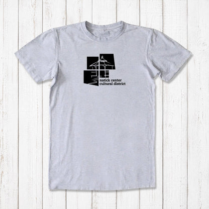 Heather gray men's Natick Pride T-shirt in bamboo and organic cotton with black cultural district logo, eco-friendly Massachusetts town gift.