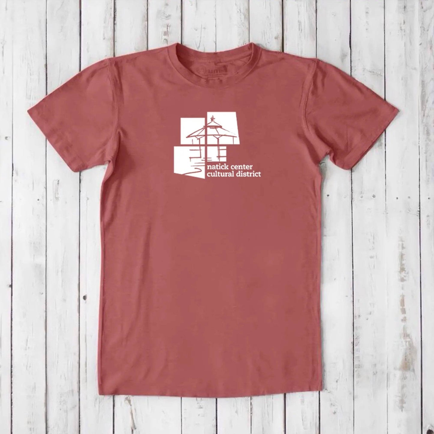 Rust red men's Natick Center Cultural District T-shirt in bamboo and organic cotton, white graphic print, classic fit local pride tee.