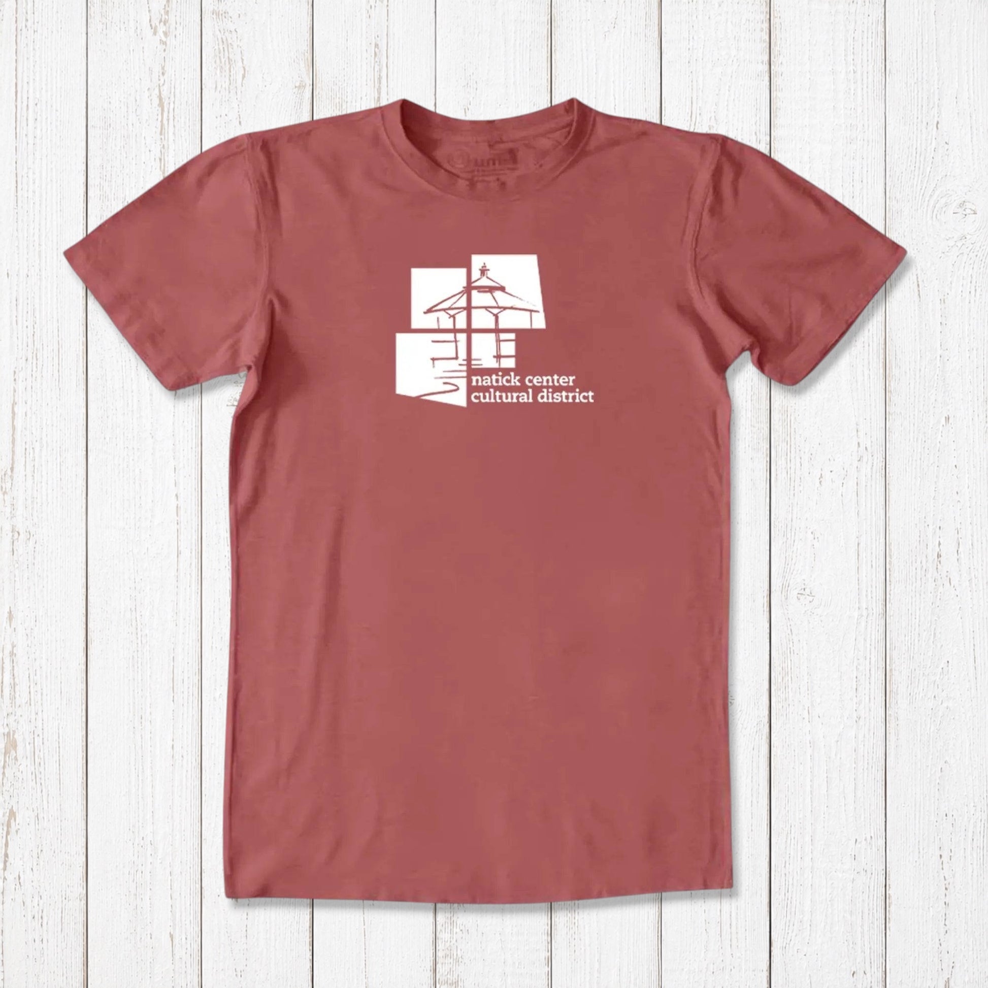 Rust red men's Natick Center Cultural District T-shirt in bamboo and organic cotton, white graphic print, classic fit local pride tee.