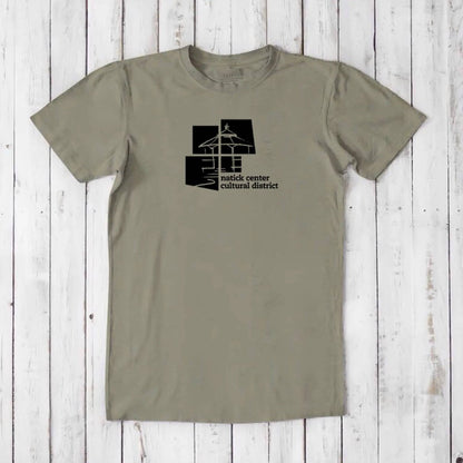 Olive green men's Natick Pride T-shirt in bamboo and organic cotton, black cultural district logo, sustainable Massachusetts hometown apparel.