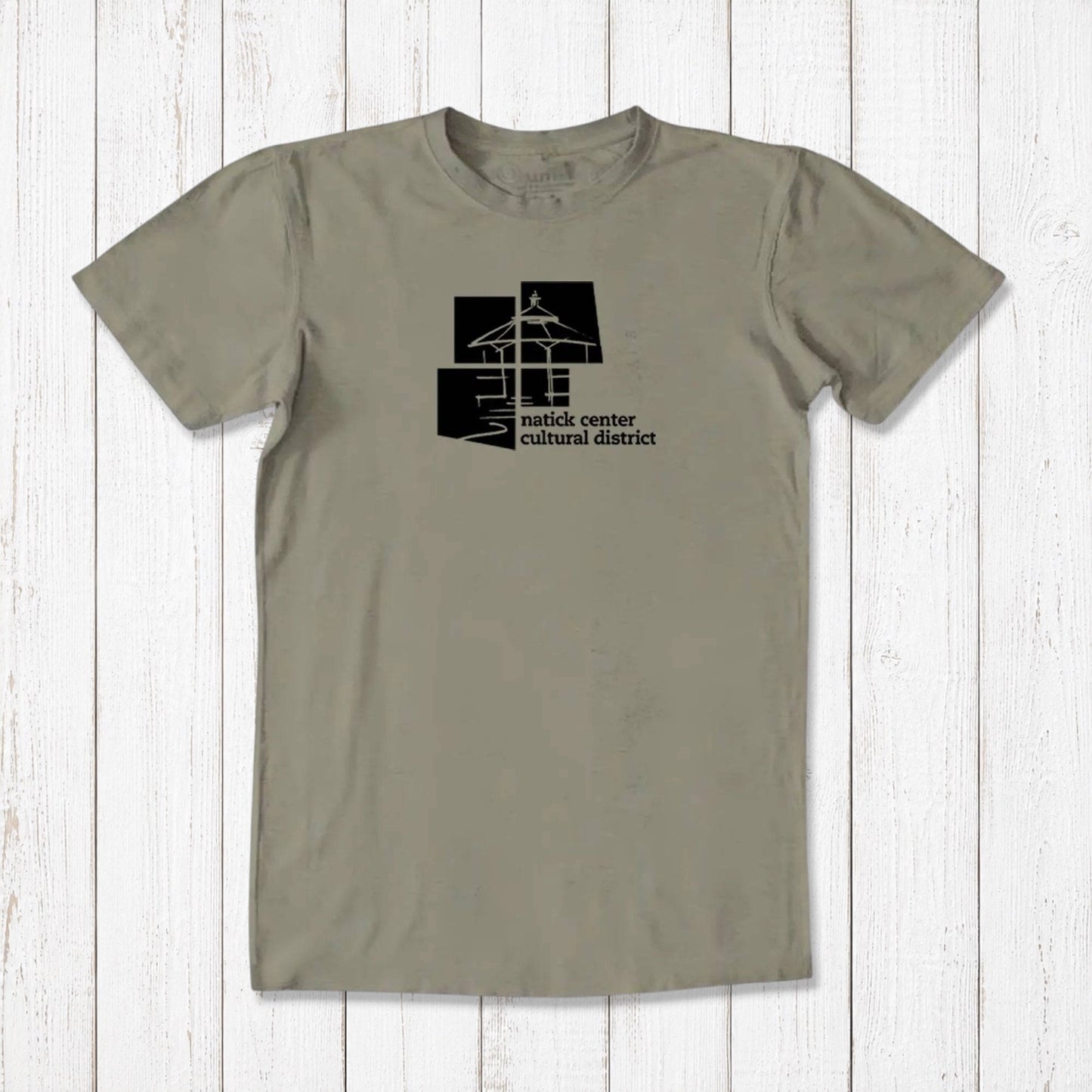 Olive green men's Natick Pride T-shirt in bamboo and organic cotton, black cultural district logo, sustainable Massachusetts hometown apparel.