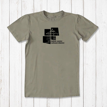 Olive green men's Natick Pride T-shirt in bamboo and organic cotton, black cultural district logo, sustainable Massachusetts hometown apparel.
