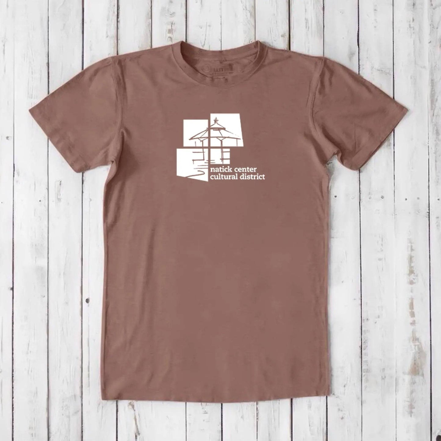 Brown men's Natick Center Cultural District T-shirt in bamboo and organic cotton, white logo print, eco-conscious local townie gift.