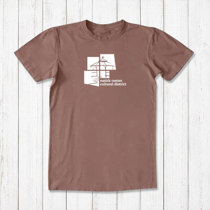 Brown men's Natick Center Cultural District T-shirt in bamboo and organic cotton, white logo print, eco-conscious local townie gift.