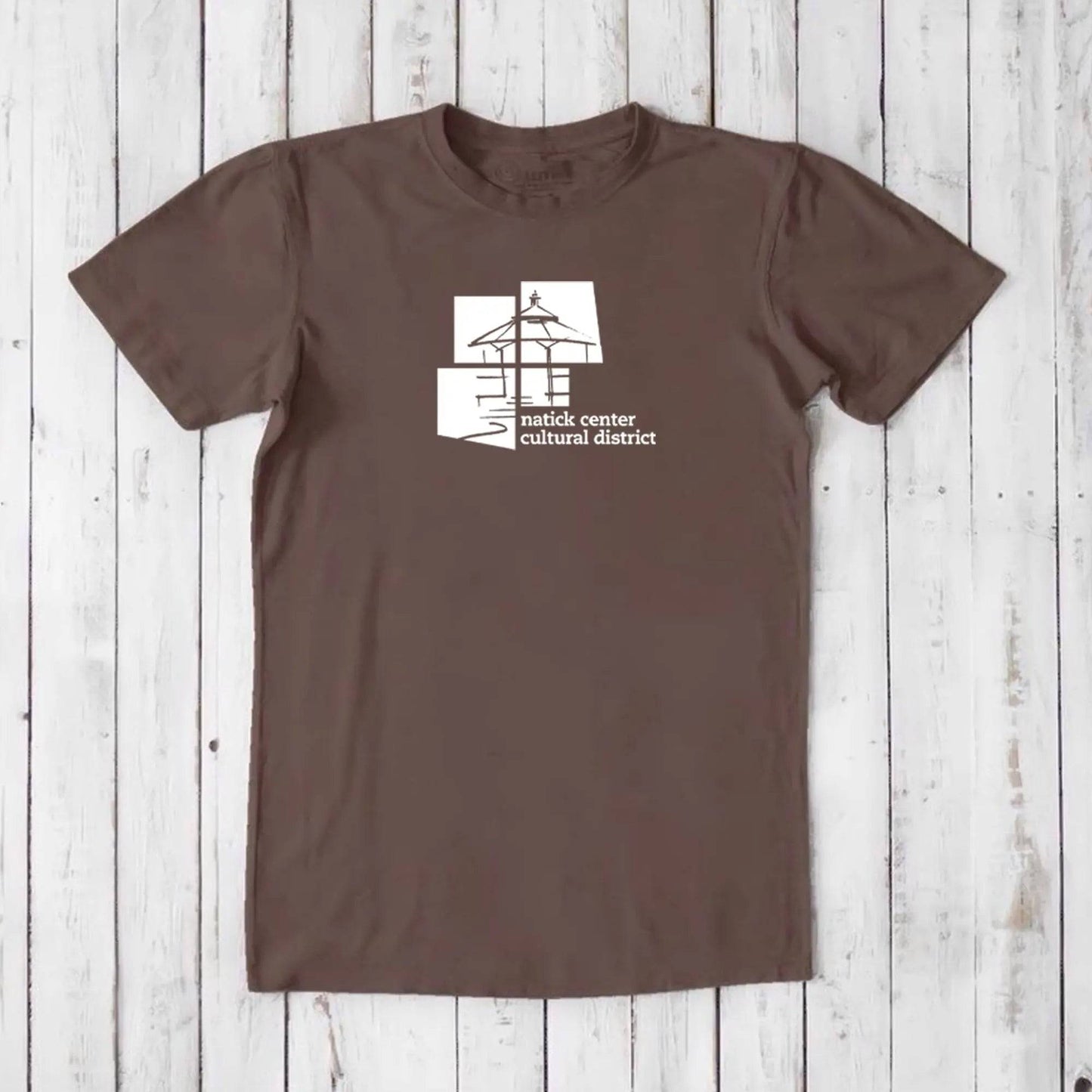 Dark brown men's Natick Pride T-shirt made from bamboo and organic cotton, white cultural district graphic, classic fit Massachusetts tee.