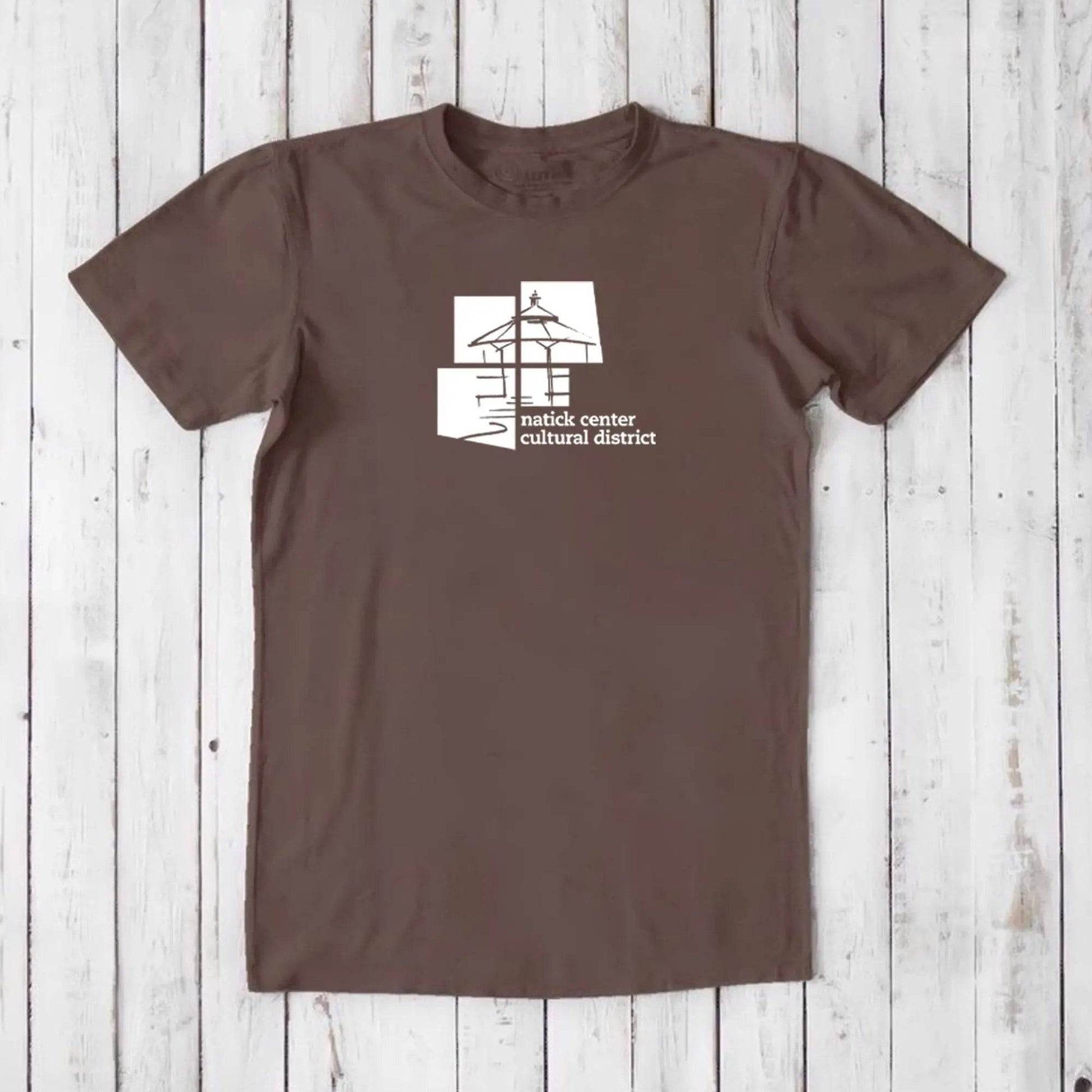 Dark brown men's Natick Pride T-shirt made from bamboo and organic cotton, white cultural district graphic, classic fit Massachusetts tee.