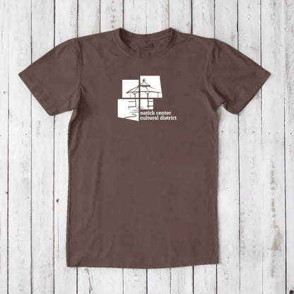 Dark brown men's Natick Pride T-shirt made from bamboo and organic cotton, white cultural district graphic, classic fit Massachusetts tee.