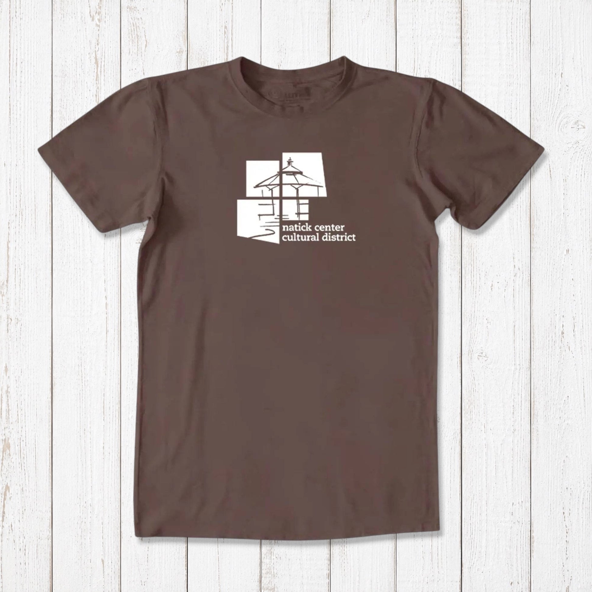 Dark brown men's Natick Pride T-shirt made from bamboo and organic cotton, white cultural district graphic, classic fit Massachusetts tee.