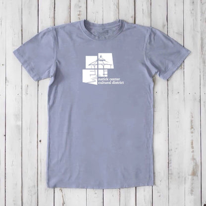 Lavender men's Natick Center Cultural District T-shirt in bamboo and organic cotton, white graphic print, soft and sustainable local pride tee.