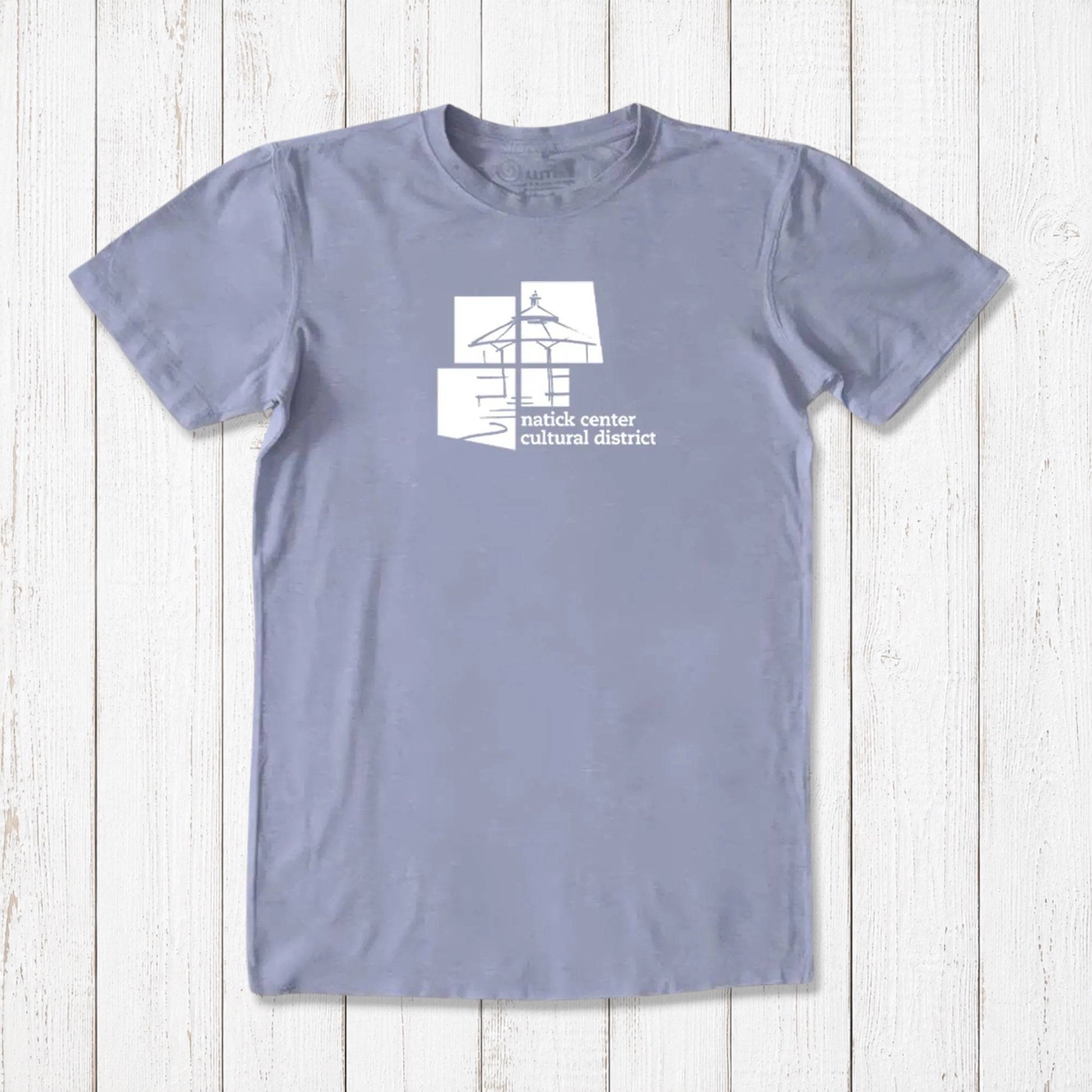Lavender men's Natick Center Cultural District T-shirt in bamboo and organic cotton, white graphic print, soft and sustainable local pride tee.