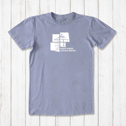 Lavender men's Natick Center Cultural District T-shirt in bamboo and organic cotton, white graphic print, soft and sustainable local pride tee.