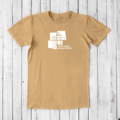 Tan men's Natick Center Cultural District T-shirt in bamboo and organic cotton, white logo print, classic fit local pride Massachusetts tee.
