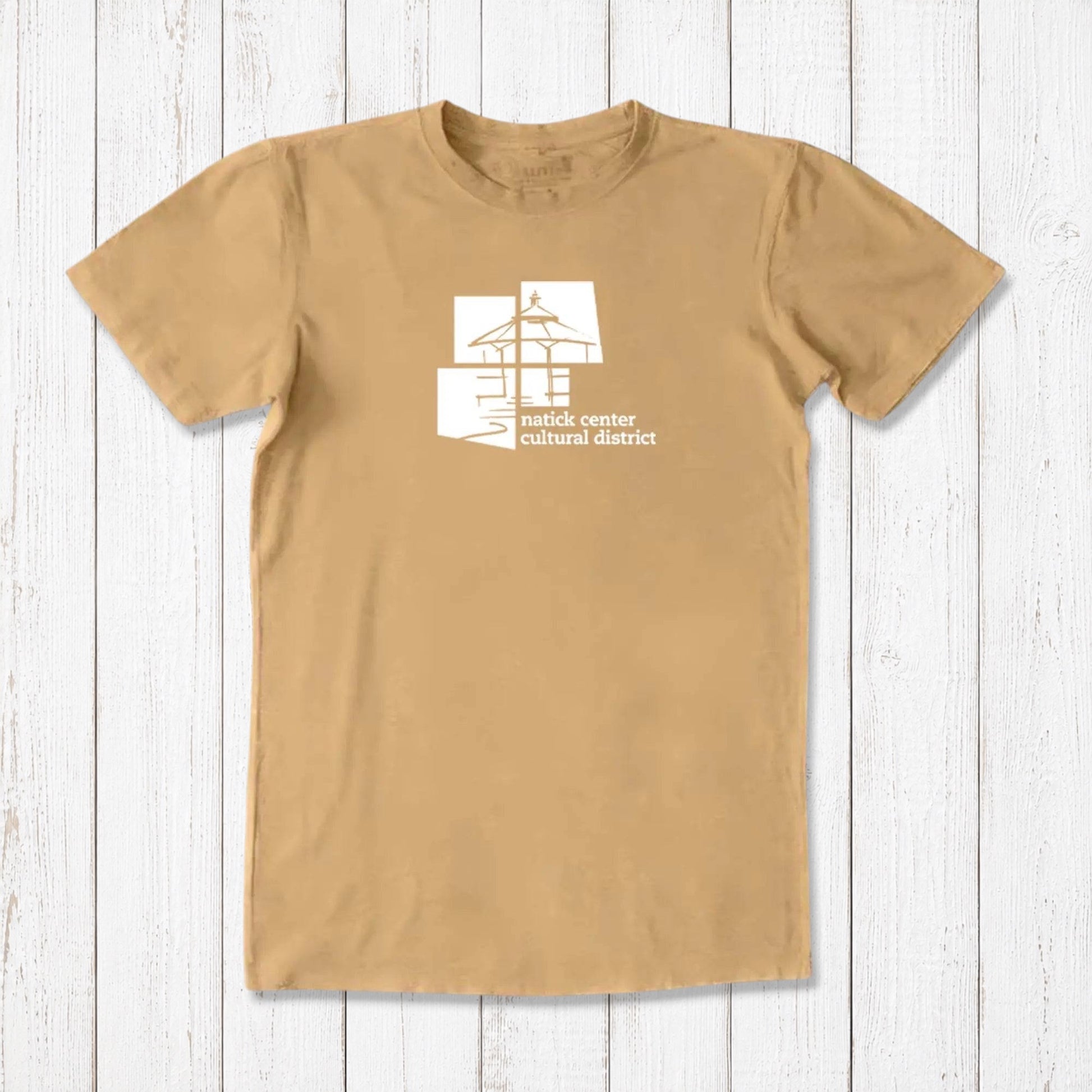 Tan men's Natick Center Cultural District T-shirt in bamboo and organic cotton, white logo print, classic fit local pride Massachusetts tee.