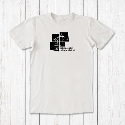 White men's Natick Pride T-shirt in bamboo and organic cotton with black cultural district graphic, sustainable Massachusetts hometown apparel.