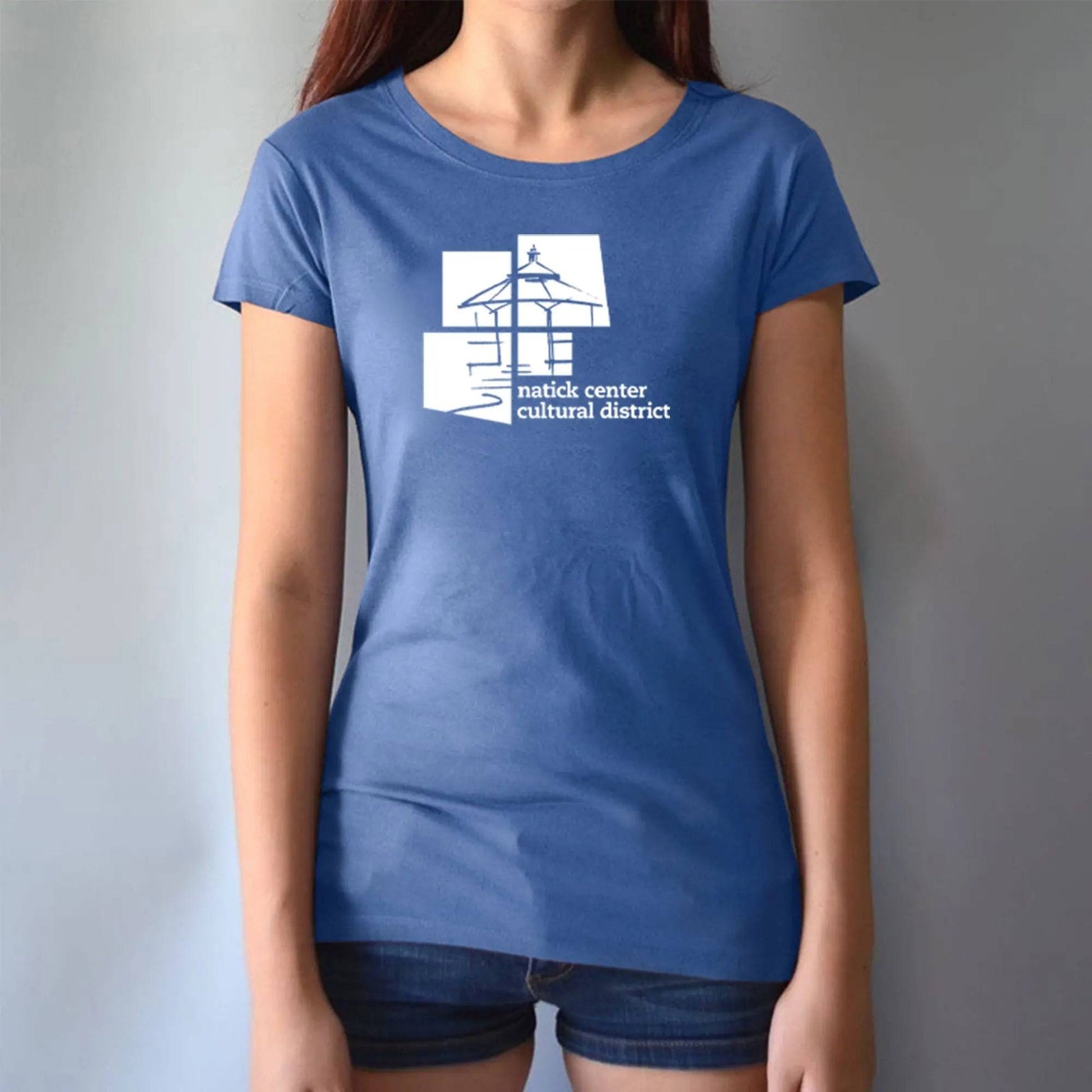 Women's Bamboo Natick Center T-Shirt in blue featuring eco-friendly graphic of Natick Cultural District. Made from bamboo and organic cotton.