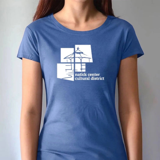 Women's Bamboo Natick Center T-Shirt in blue featuring eco-friendly graphic of Natick Cultural District. Made from bamboo and organic cotton.