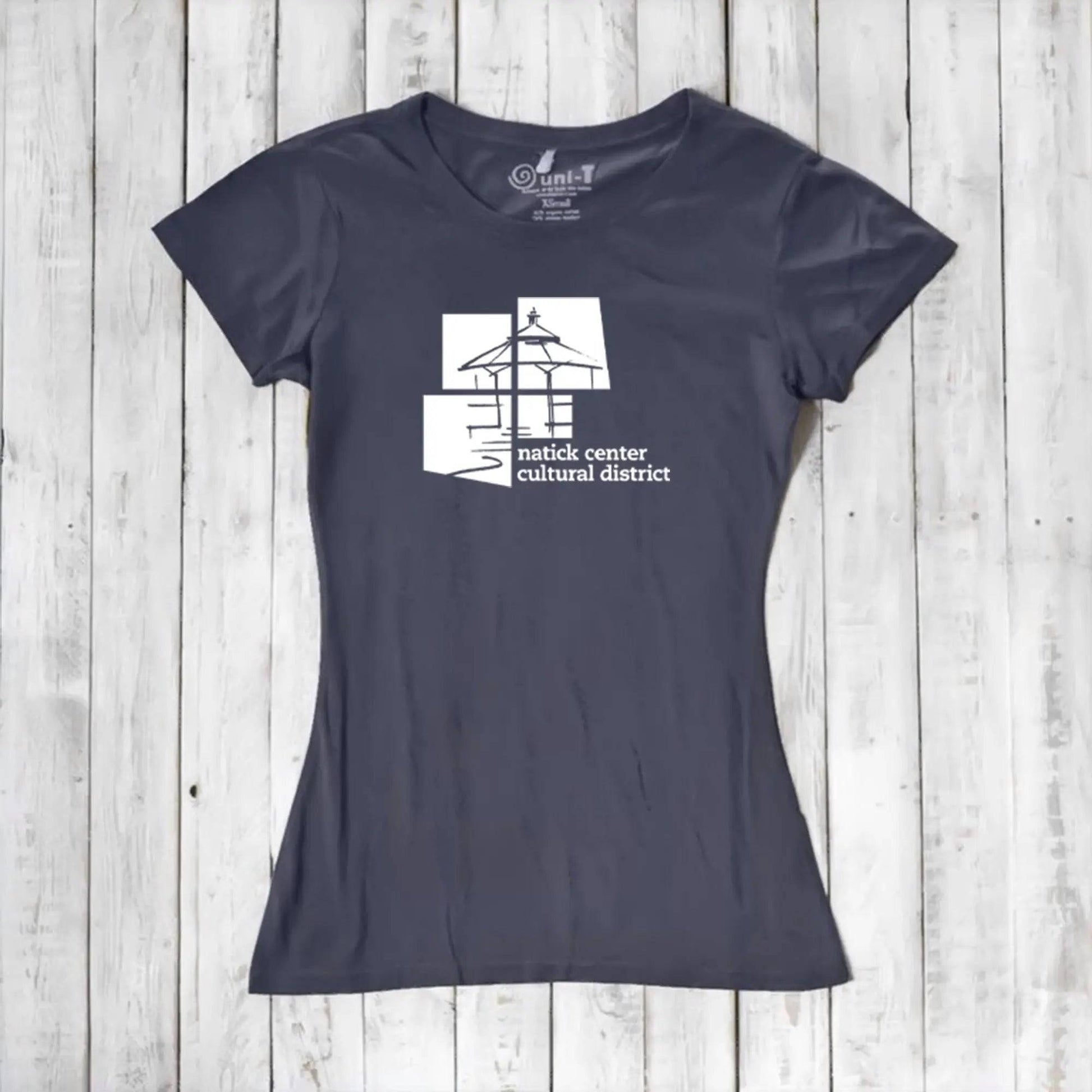 Charcoal Women's Bamboo Natick Center T-Shirt with white Natick Cultural District print. Sustainable bamboo and organic cotton fabric.