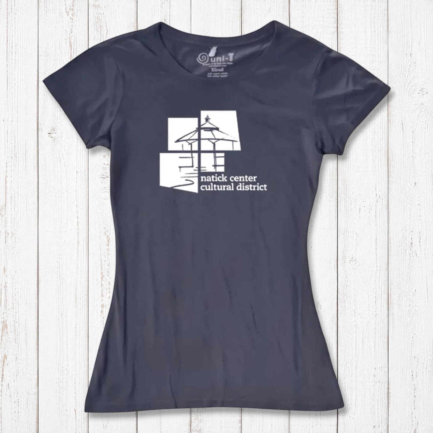Charcoal Women's Bamboo Natick Center T-Shirt with white Natick Cultural District print. Sustainable bamboo and organic cotton fabric.
