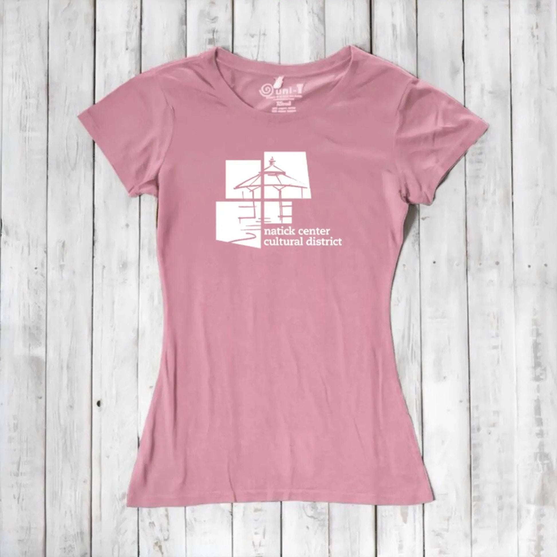 Women's Bamboo Natick Center T-Shirt in dusty rose with white cultural district graphic. Eco-conscious tee made from bamboo and organic cotton.