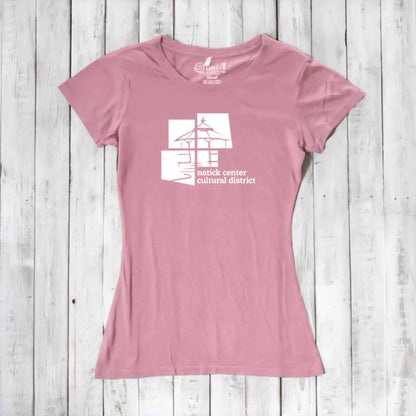 Women's Bamboo Natick Center T-Shirt in dusty rose with white cultural district graphic. Eco-conscious tee made from bamboo and organic cotton.