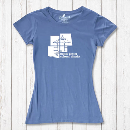 Light blue Women's Bamboo Natick Center T-Shirt with white Natick Cultural District design. Eco-friendly bamboo and organic cotton tee.