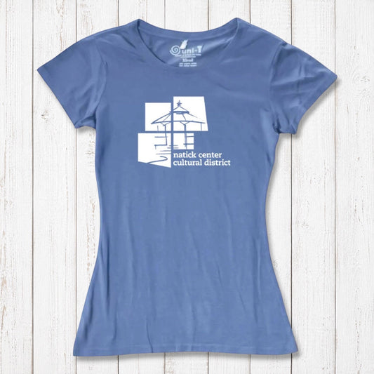 Light blue Women's Bamboo Natick Center T-Shirt with white Natick Cultural District design. Eco-friendly bamboo and organic cotton tee.