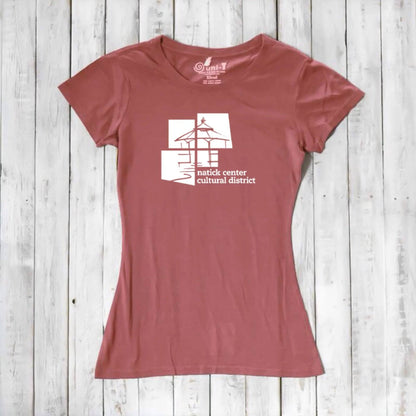 Rust red Women's Bamboo Natick Center T-Shirt with white graphic supporting Natick Cultural District. Made from sustainable materials.