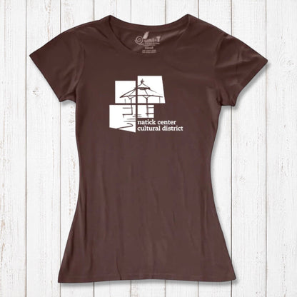 Chocolate brown Women's Bamboo Natick Center T-Shirt with white cultural district logo. Eco-conscious tee crafted from bamboo and organic cotton.