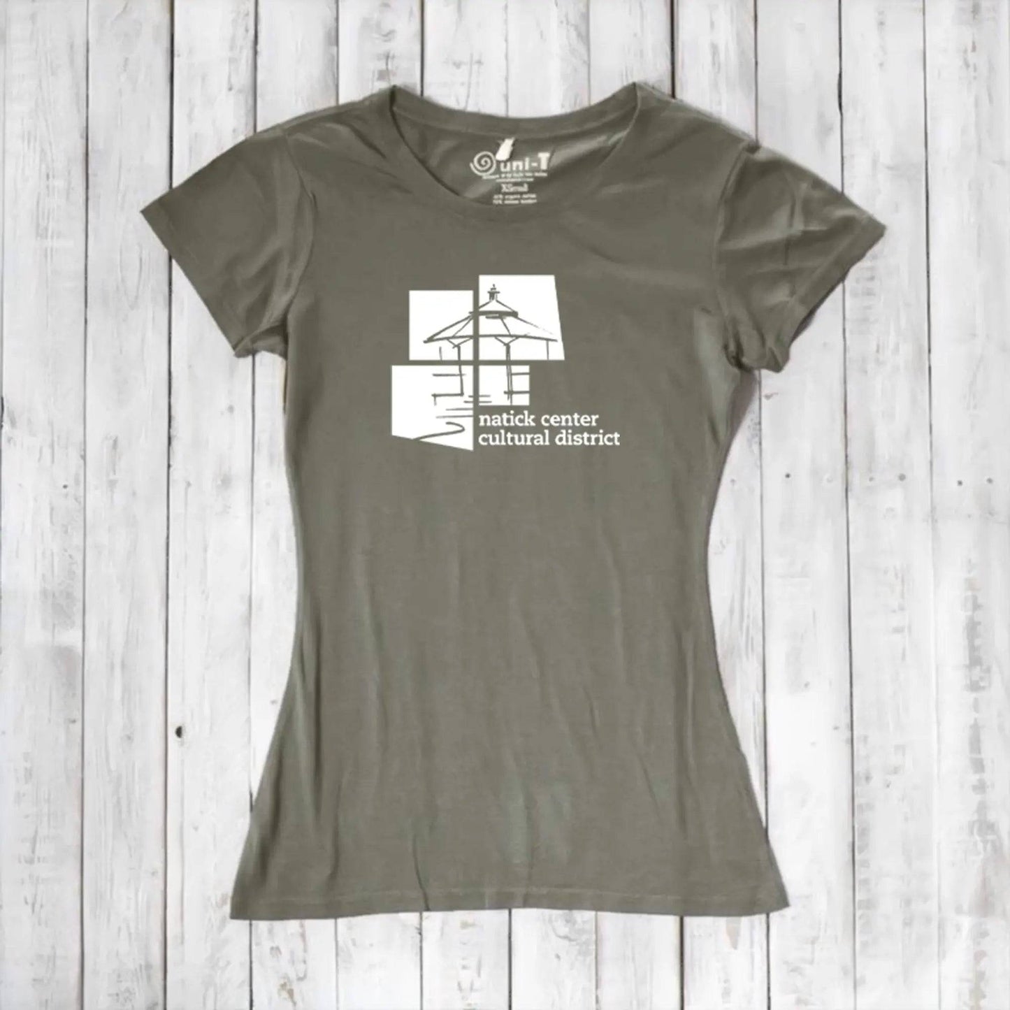 Olive green Women's Bamboo Natick Center T-Shirt with white Natick Cultural District print. Sustainable bamboo and organic cotton blend.