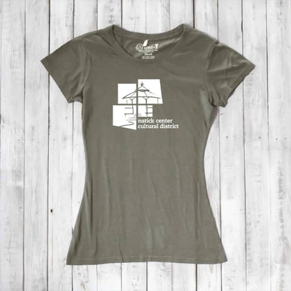 Olive green Women's Bamboo Natick Center T-Shirt with white Natick Cultural District print. Sustainable bamboo and organic cotton blend.
