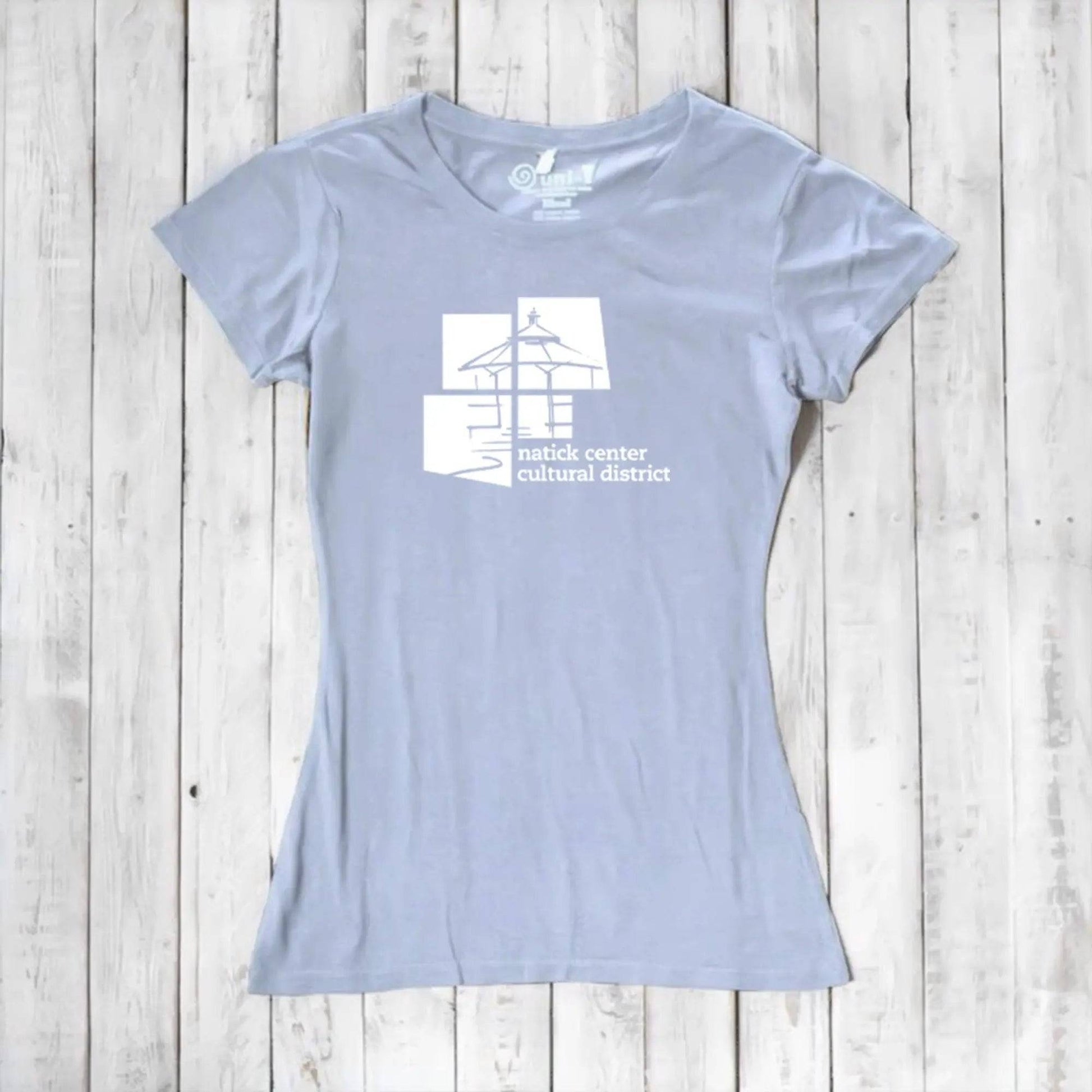 Pale lavender Women's Bamboo Natick Center T-Shirt with white cultural district graphic. Eco-friendly tee made from bamboo and organic cotton.