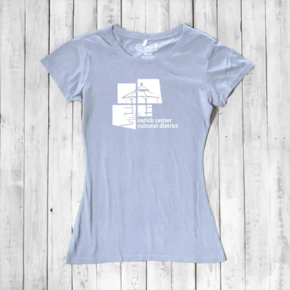 Pale lavender Women's Bamboo Natick Center T-Shirt with white cultural district graphic. Eco-friendly tee made from bamboo and organic cotton.