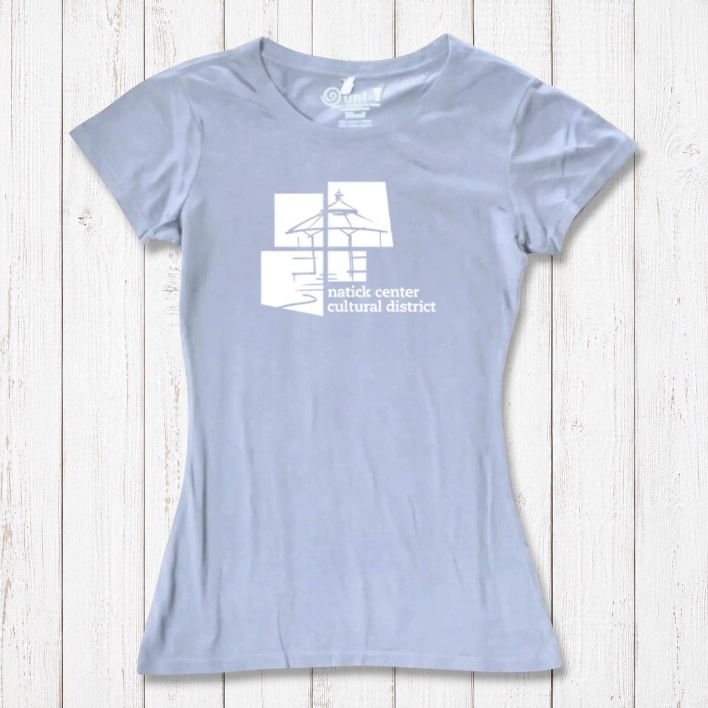 Pale lavender Women's Bamboo Natick Center T-Shirt with white cultural district graphic. Eco-friendly tee made from bamboo and organic cotton.