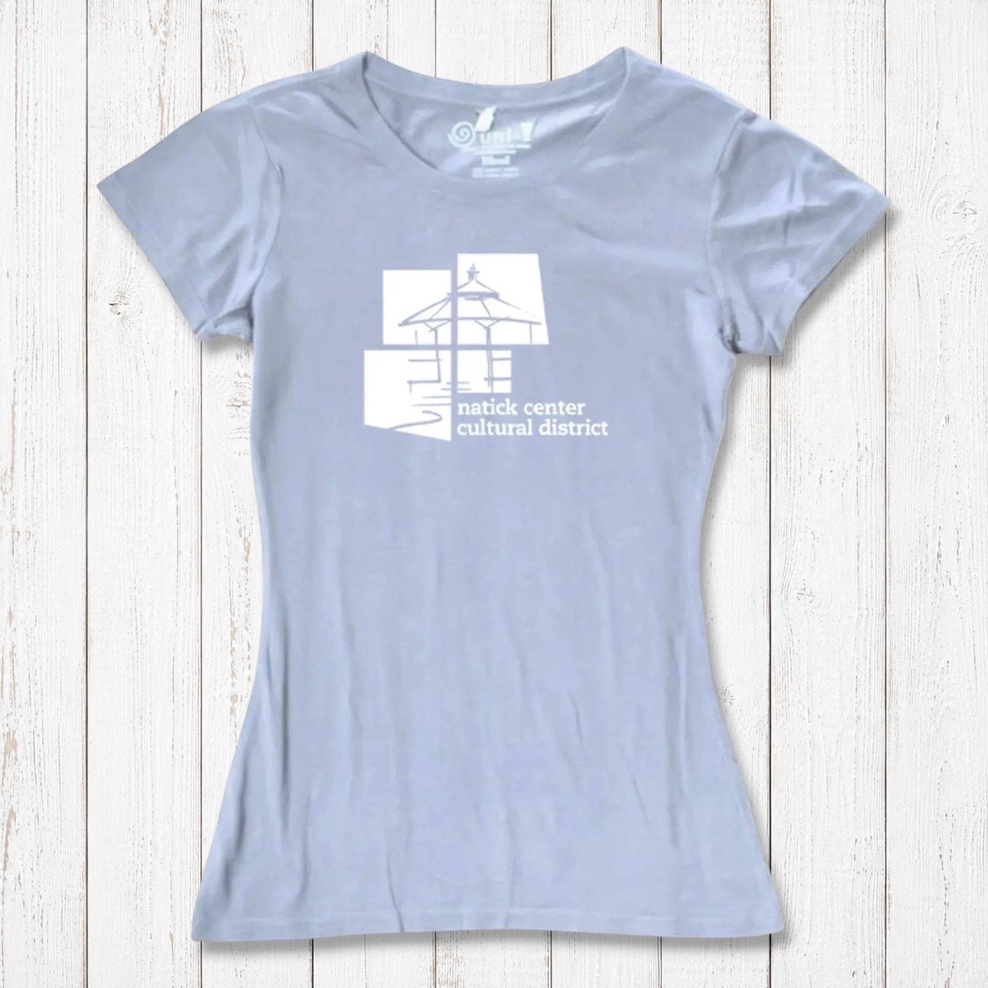Pale lavender Women's Bamboo Natick Center T-Shirt with white cultural district graphic. Eco-friendly tee made from bamboo and organic cotton.
