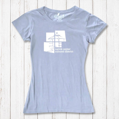 Pale lavender Women's Bamboo Natick Center T-Shirt with white cultural district graphic. Eco-friendly tee made from bamboo and organic cotton.