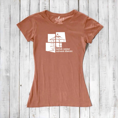 Terracotta Women's Bamboo Natick Center T-Shirt with white Natick Cultural District design. Soft, sustainable bamboo and organic cotton fabric.