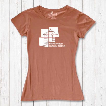 Terracotta Women's Bamboo Natick Center T-Shirt with white Natick Cultural District design. Soft, sustainable bamboo and organic cotton fabric.