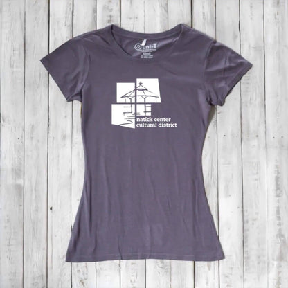Slate purple Women's Bamboo Natick Center T-Shirt with white cultural district logo. Eco-conscious bamboo and organic cotton blend.
