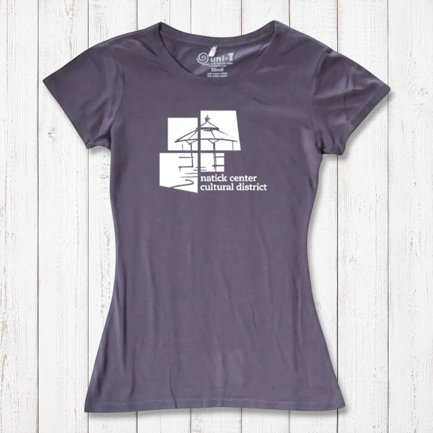 Slate purple Women's Bamboo Natick Center T-Shirt with white cultural district logo. Eco-conscious bamboo and organic cotton blend.