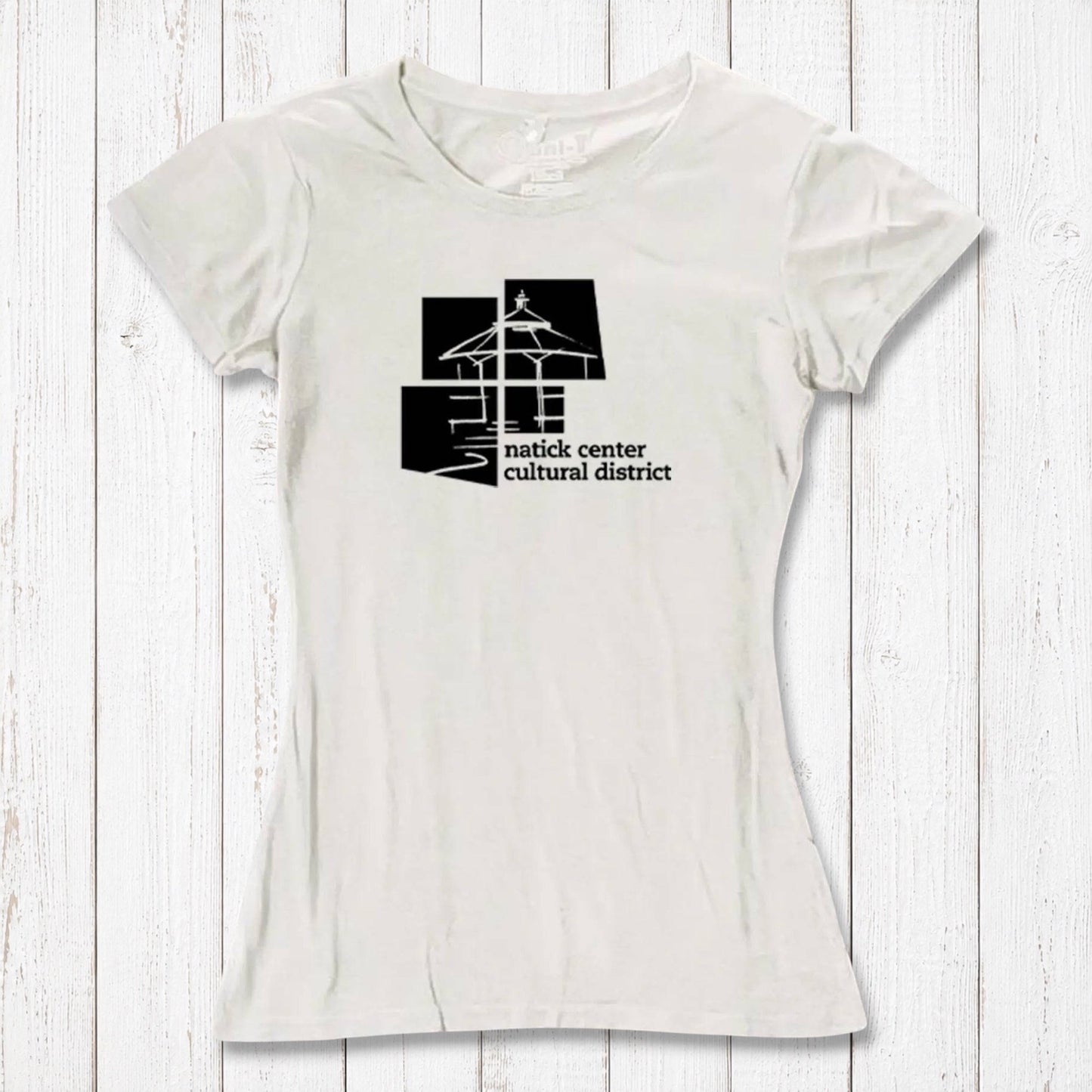 Ivory Women's Bamboo Natick Center T-Shirt with black Natick Cultural District graphic. Made from sustainable bamboo and organic cotton.