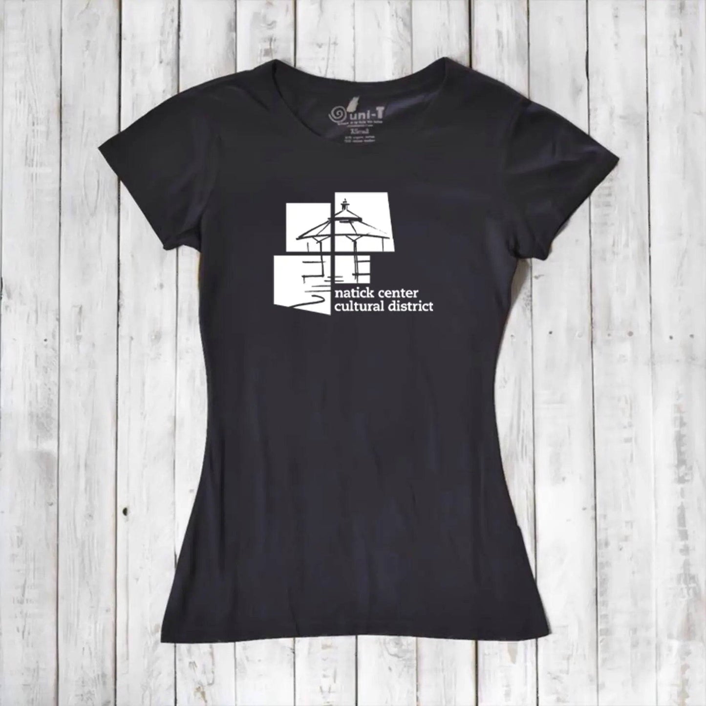 Black Women's Bamboo Natick Center T-Shirt with white cultural district design. Eco-friendly tee supporting Natick arts and events.