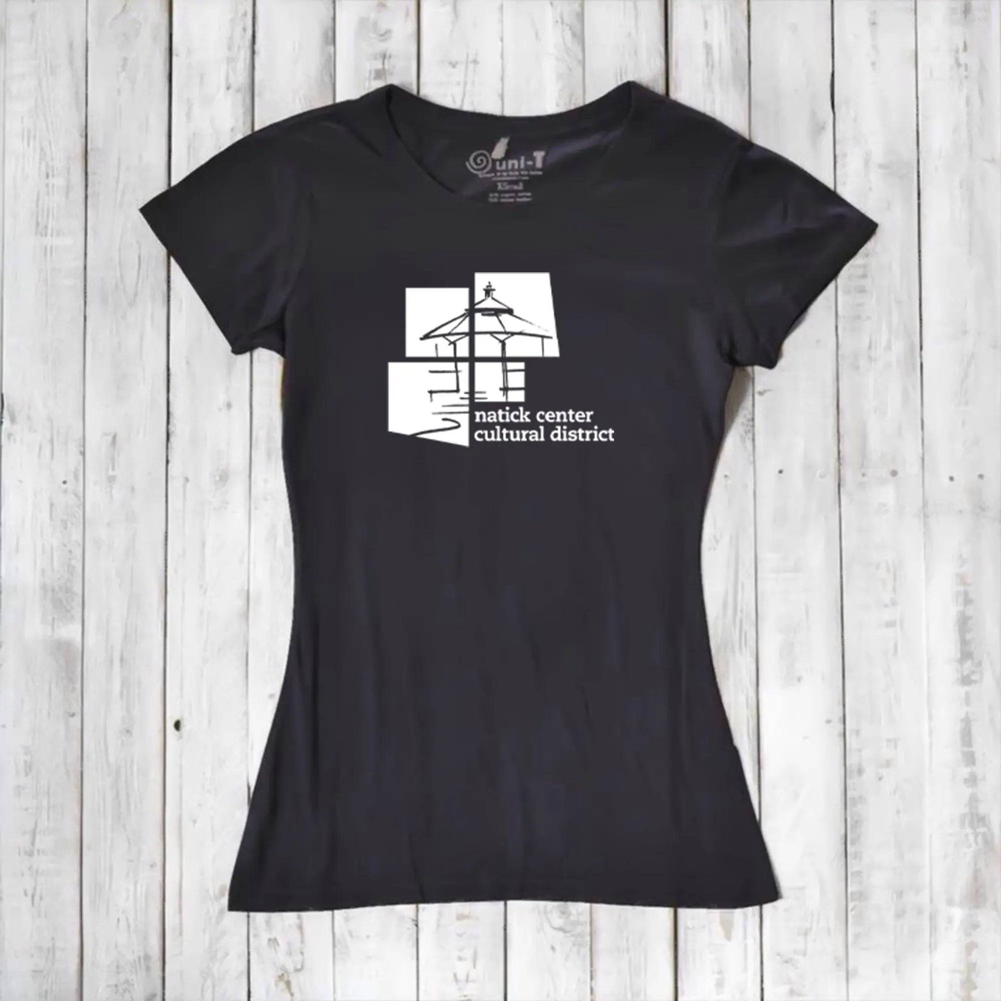Black Women's Bamboo Natick Center T-Shirt with white cultural district design. Eco-friendly tee supporting Natick arts and events.