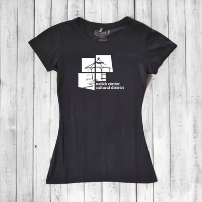 Black Women's Bamboo Natick Center T-Shirt with white cultural district design. Eco-friendly tee supporting Natick arts and events.