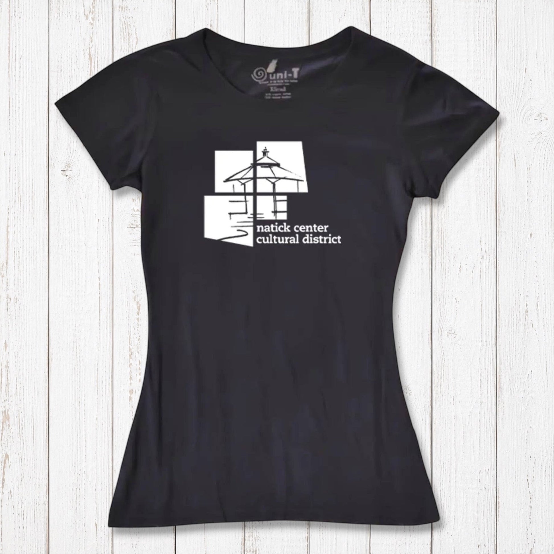 Black Women's Bamboo Natick Center T-Shirt with white cultural district design. Eco-friendly tee supporting Natick arts and events.