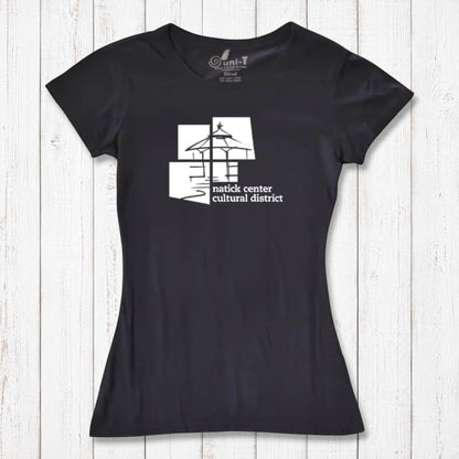 Black Women's Bamboo Natick Center T-Shirt with white cultural district design. Eco-friendly tee supporting Natick arts and events.