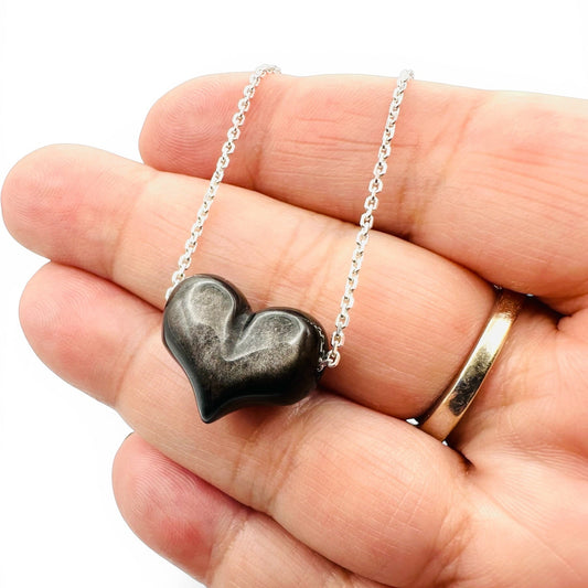 Natural Silver Obsidian Puffy Heart Necklace