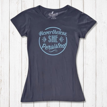 Charcoal gray 'Nevertheless She Persisted' women's tee with blue text. Feminist empowerment shirt made from sustainable bamboo and cotton.