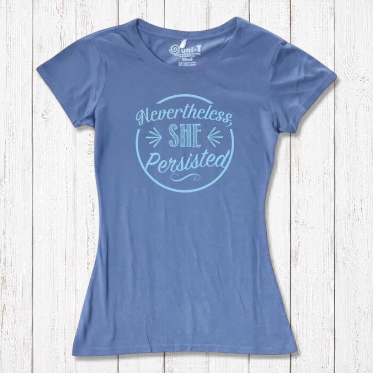 Periwinkle blue women's 'Nevertheless She Persisted' t-shirt with light blue text. Eco-conscious bamboo and organic cotton top by Uni-T.